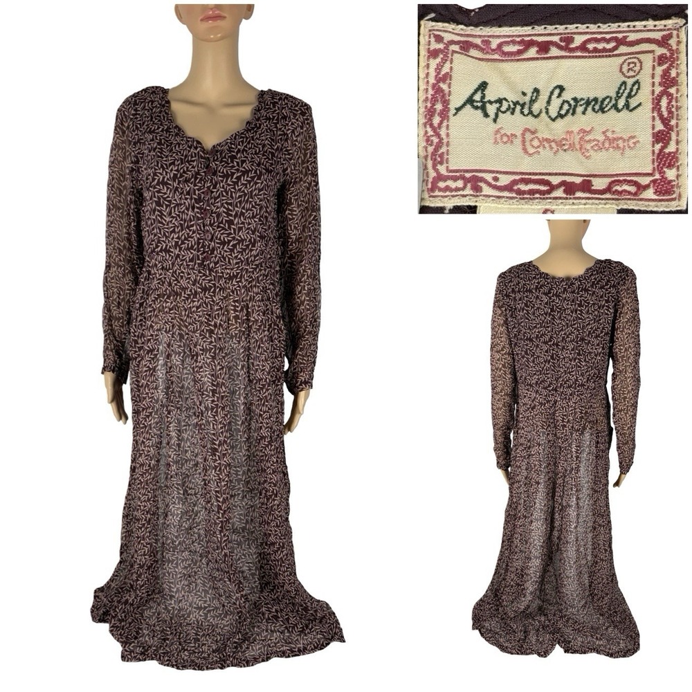April Cornell Small Maxi Dress Rayon Cottagecore Button Maroon Unlined Vintage